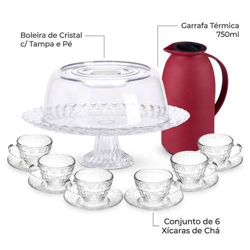 Kit Boleira de Vidro Tampa Confit com 6 Xicaras e Garrafa Termica 1L Cazza Kit111d